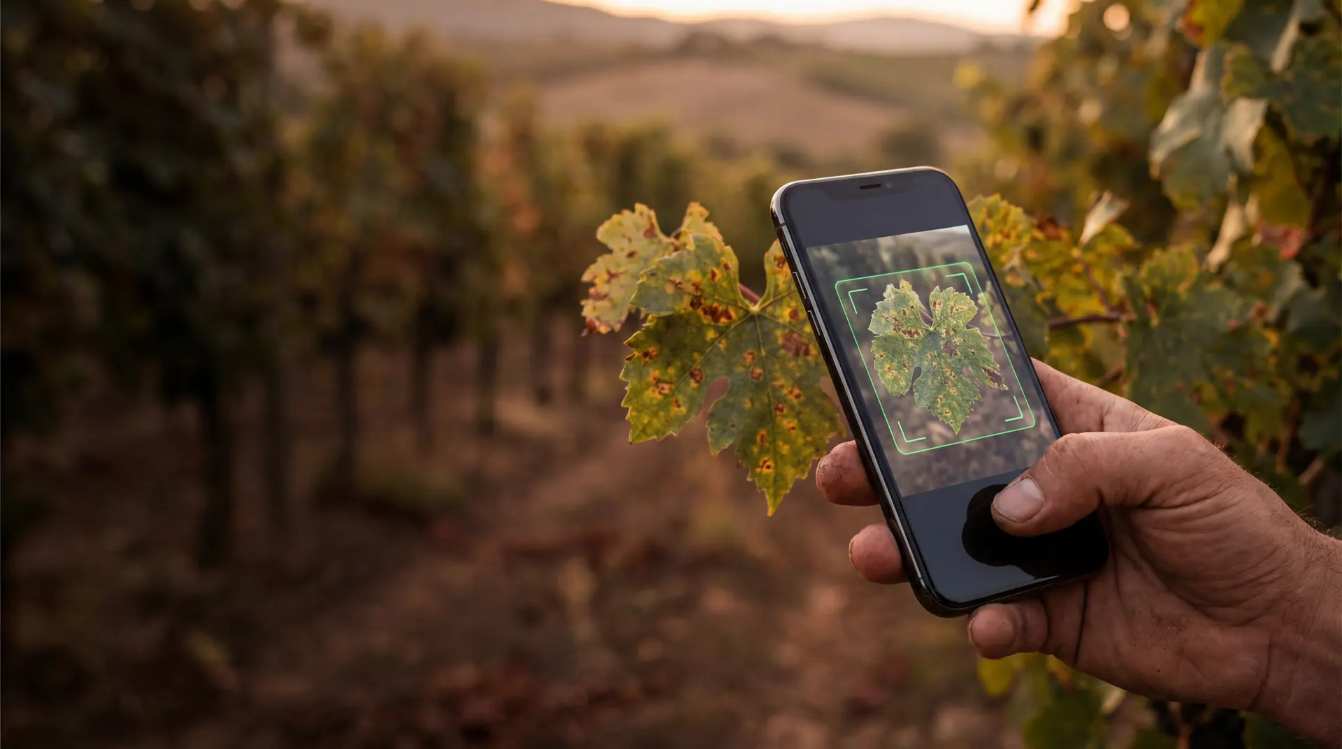 Main tenant un smartphone qui scanne une feuille de vigne.