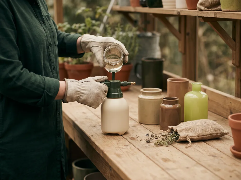 Produits de traitement homologués alignés, ambiance atelier.