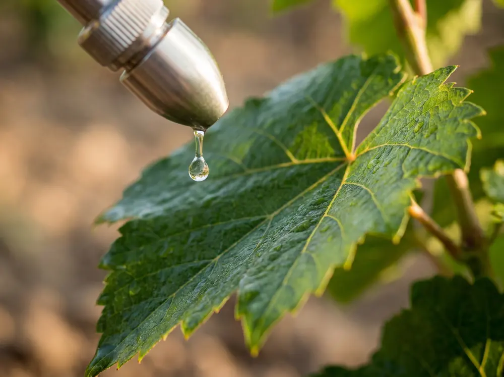 Goutte de traitement de précision sur une feuille — application contrôlée.