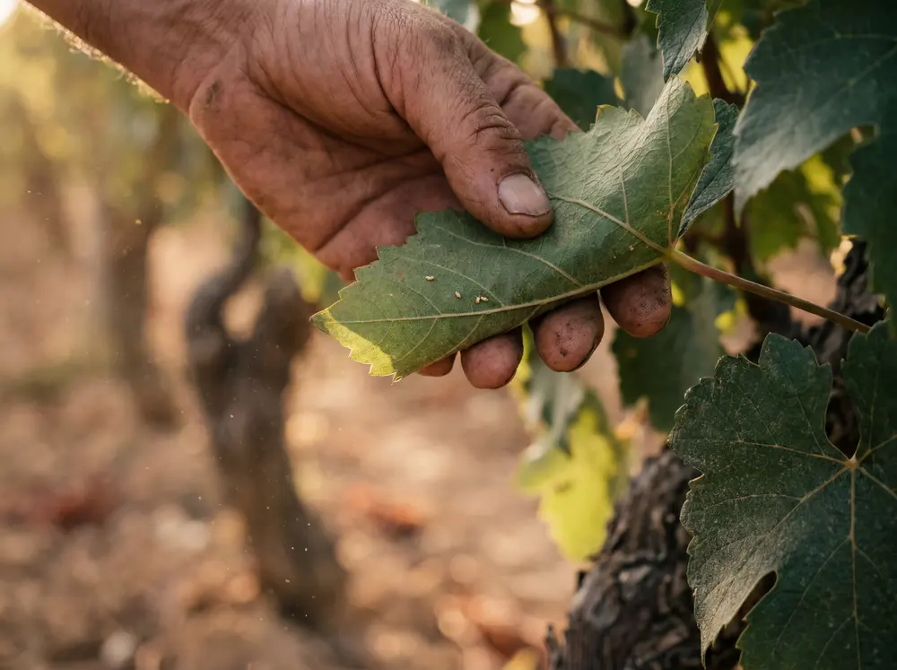 Main de viticulteur inspectant une feuille de vigne — geste mesuré.